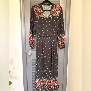 Black Floral V-Neck Long Sleeve Maxi Dress with Waist Tie